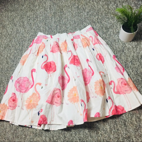 Chicwish White Pink Flamingo Knee Length Print Pleated A-line Midi Skirt Medium - Picture 9 of 16